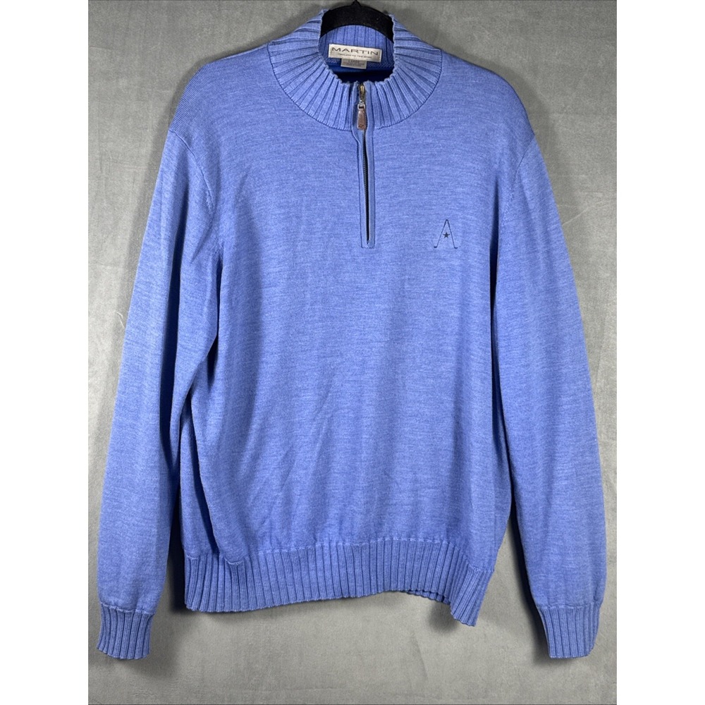 Martin Sweater Adult Large‎ Blue 100% Wool Lined Italian Merino 1/4 Zip Mens